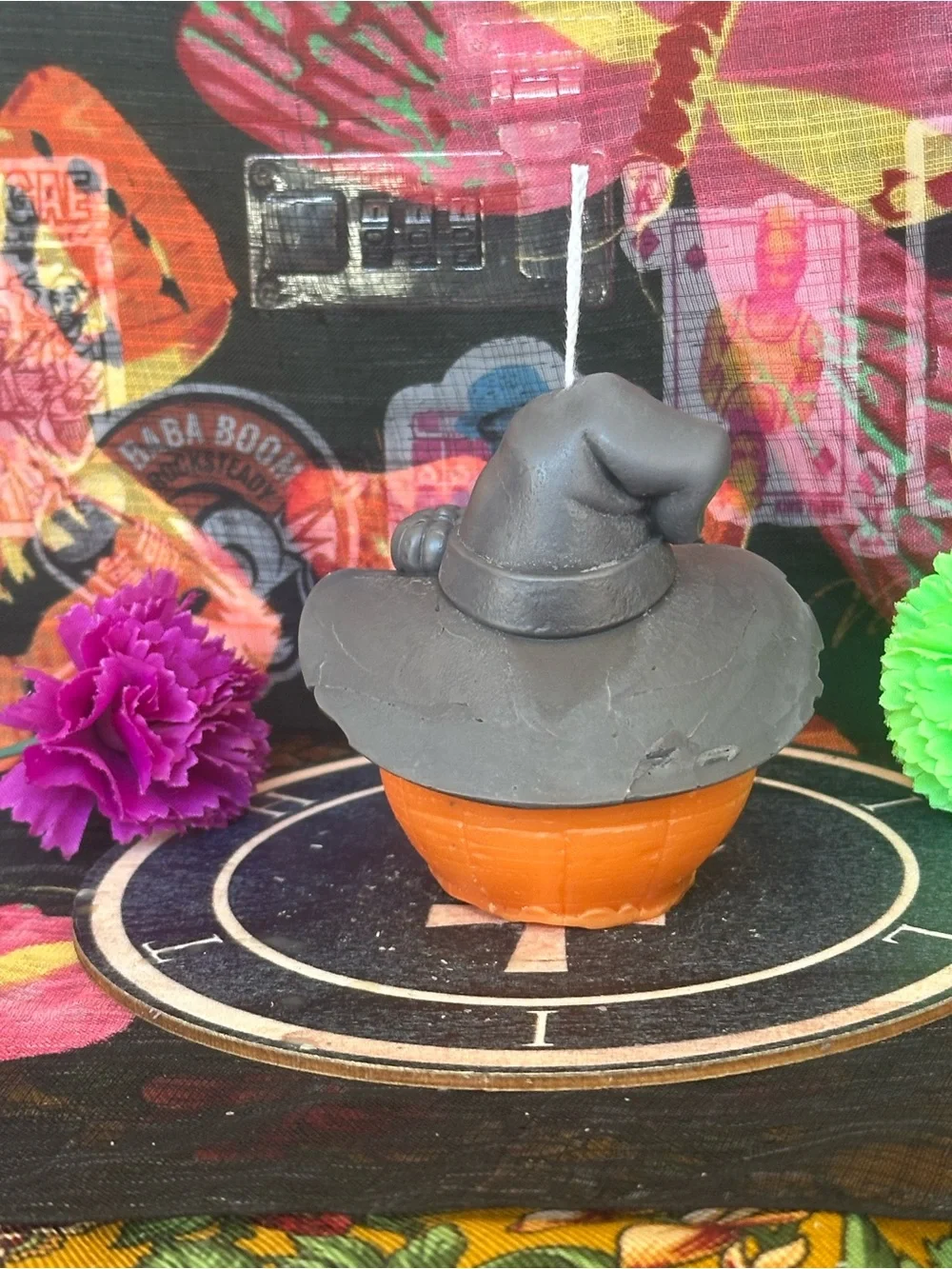 Hand Crafted Orange Pumpkin Candle with Black Witch Hat
